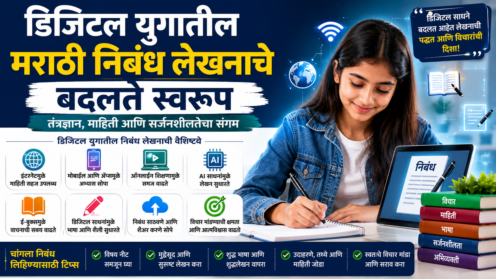 डिजिटल शिक्षणाच्या वातावरणात लॅपटॉप आणि वहीसह अभ्यास करणारी सुंदर विद्यार्थिनी, मराठी निबंध लेखन आणि आधुनिक शिक्षणाचे प्रतिनिधित्व करणारे चित्र.