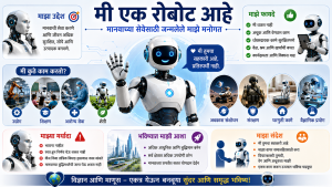 मी एक रोबोट आहे – मानवाच्या सेवेसाठी कार्य करणारा आधुनिक रोबोट, शिक्षण, आरोग्य, शेती, उद्योग, संरक्षण आणि विज्ञान क्षेत्रातील योगदान दर्शवणारे आकर्षक मराठी माहितीपूर्ण चित्र.