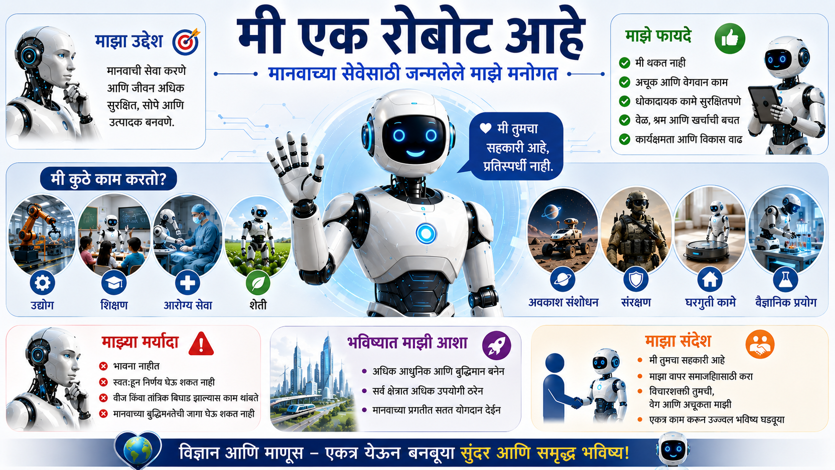 मी एक रोबोट आहे – मानवाच्या सेवेसाठी कार्य करणारा आधुनिक रोबोट, शिक्षण, आरोग्य, शेती, उद्योग, संरक्षण आणि विज्ञान क्षेत्रातील योगदान दर्शवणारे आकर्षक मराठी माहितीपूर्ण चित्र.