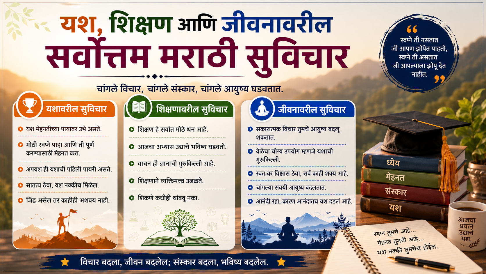 यश, शिक्षण आणि जीवनावरील सर्वोत्तम मराठी सुविचार प्रेरणादायी मराठी कोट्स पोस्टर