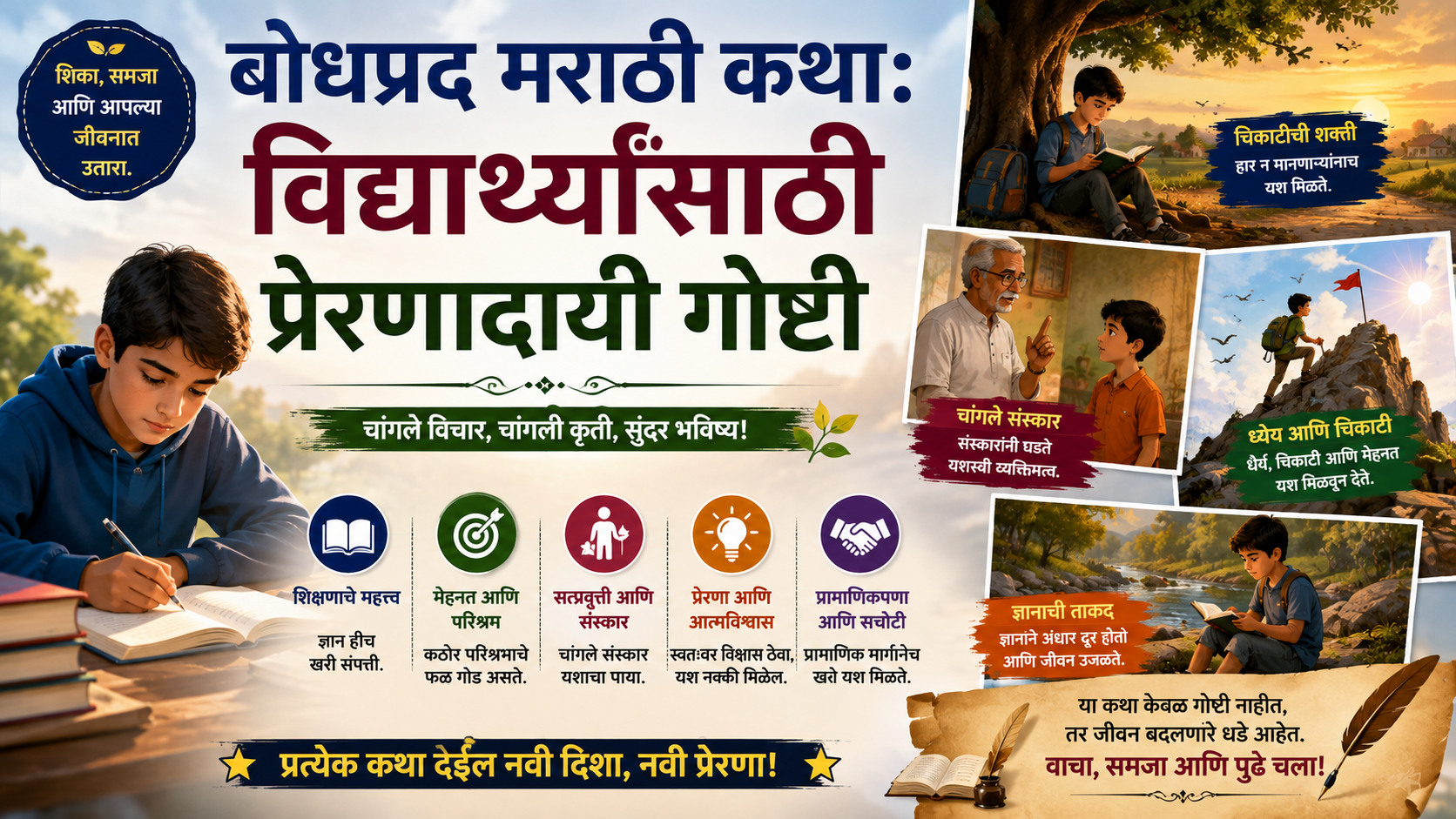 बोधप्रद मराठी कथा विद्यार्थ्यांसाठी प्रेरणादायी गोष्टी आणि नैतिक मूल्यांवरील मराठी कथा पोस्टर
