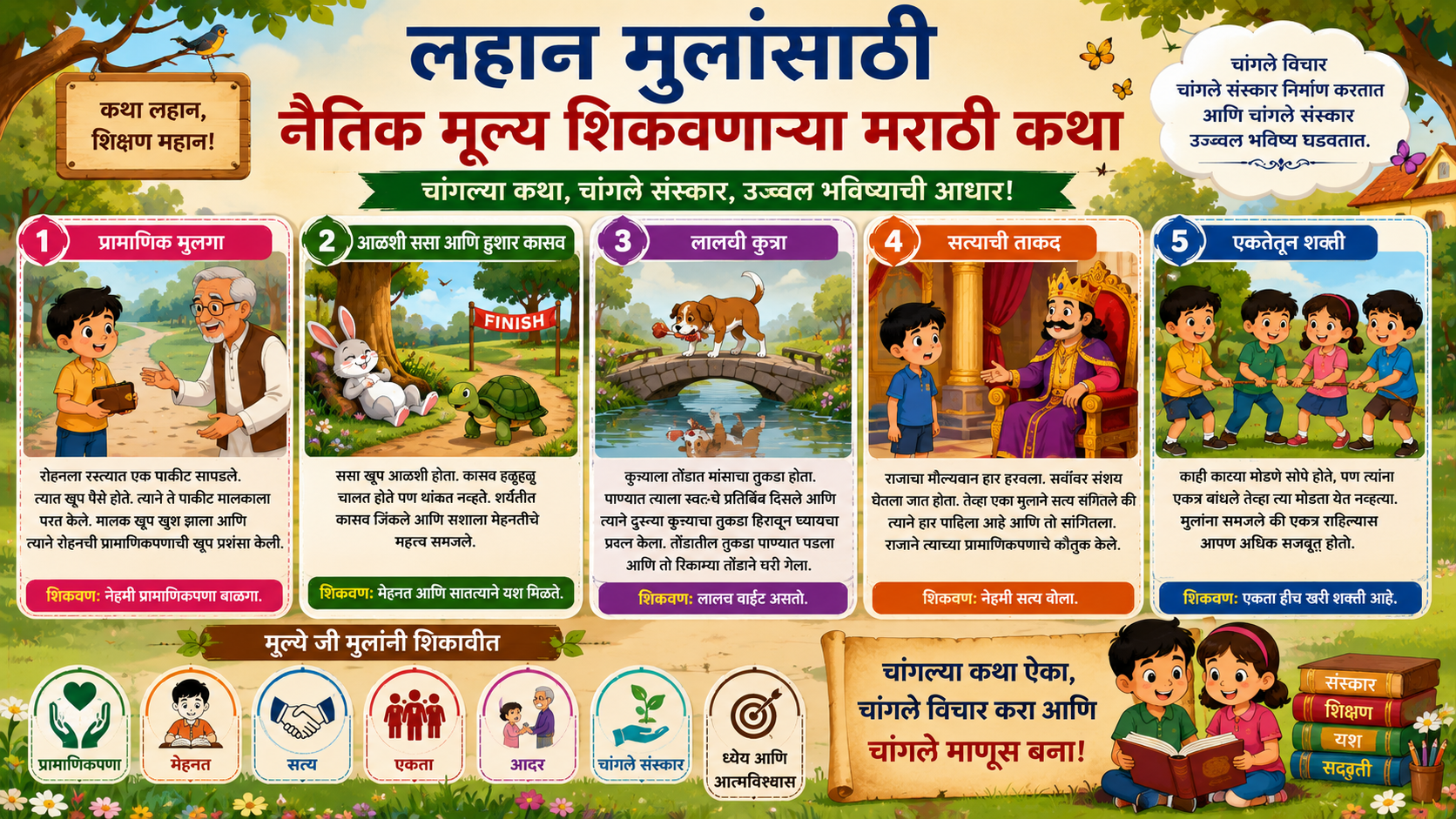 लहान मुलांसाठी नैतिक मूल्य शिकवणाऱ्या मराठी कथा आणि चांगले संस्कार देणाऱ्या प्रेरणादायी गोष्टी